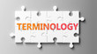 Terminology complex like a puzzle - pictured as word Terminology on a puzzle pieces to show that Terminology can be difficult and needs cooperating pieces that fit together, 3d illustration