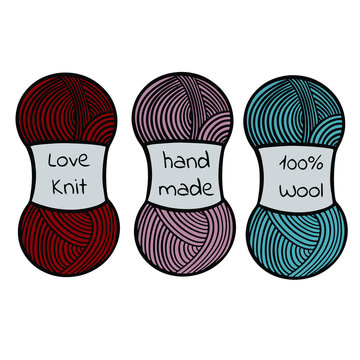 Illustration of yarn ball, wool. Love knit, hand made.