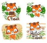 Fototapeta Pokój dzieciecy - Cute Tiger set of beautiful tropical illustrations. Vector stock. Elements for design, children's drawing.