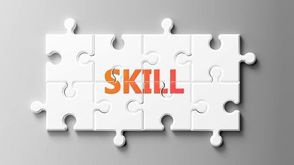 Wall Mural - Skill complex like a puzzle - pictured as word Skill on a puzzle pieces to show that Skill can be difficult and needs cooperating pieces that fit together, 3d illustration