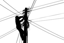 Silhouette Electricians Climb Electric Poles For Connecting Cables