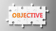 Objective complex like a puzzle - pictured as word Objective on a puzzle pieces to show that Objective can be difficult and needs cooperating pieces that fit together, 3d illustration