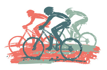 Wall Mural -  Cycling race, mountain bikers,expressive stylized. Illustration of cyclists in full speed. Imitation of hand drawing. Vector available.