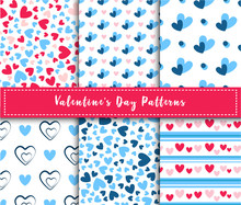 Valentine Day Abstract Seamless Pattern Set - Cartoon Pink And Blue Hearts On White, Stripes, Geometric Shapes, Vector Romantic Background, Texture For Wrapping, Textile, Scrapbook