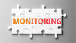 Monitoring complex like a puzzle - pictured as word Monitoring on a puzzle pieces to show that Monitoring can be difficult and needs cooperating pieces that fit together, 3d illustration