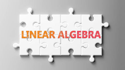 Linear algebra complex like a puzzle - pictured as word Linear algebra on a puzzle pieces to show that Linear algebra can be difficult and needs cooperating pieces that fit together, 3d illustration