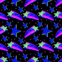 watercolor illustration Seamless pattern light green rocket star with pink blue tail and blue stars with dots on a black background