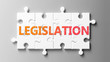 Legislation complex like a puzzle - pictured as word Legislation on a puzzle pieces to show that Legislation can be difficult and needs cooperating pieces that fit together, 3d illustration