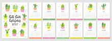 Calendar 2020. Cute Monthly Calendar With Hand Drawn Cacti Illustrations. The Week Starts On Sunday. Vector Template.