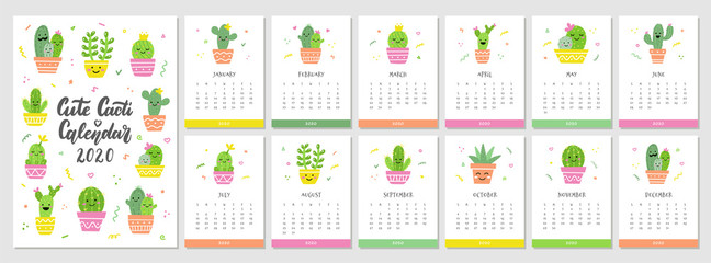 Calendar 2020. Cute monthly calendar with hand drawn cacti illustrations. The week starts on Sunday. Vector template.