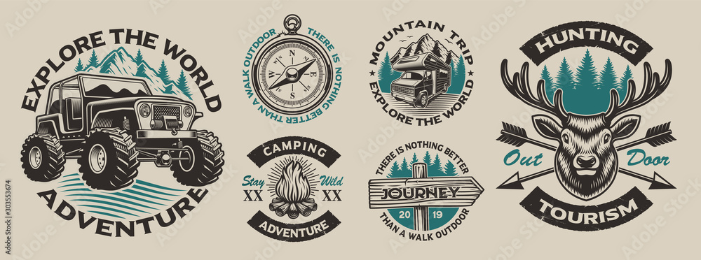 Set of vector vintage logos for the camping theme. Perfect for posters, apparel, T-shirt design and many other. Layered - obrazy, fototapety, plakaty 