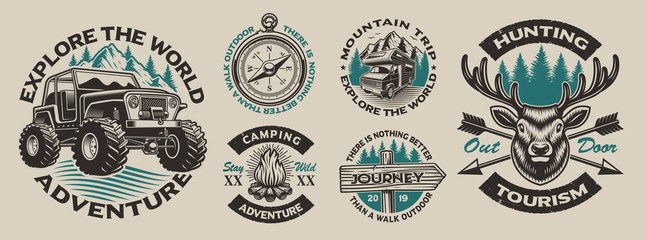 set of vector vintage logos for the camping theme. perfect for posters, apparel, t-shirt design and 