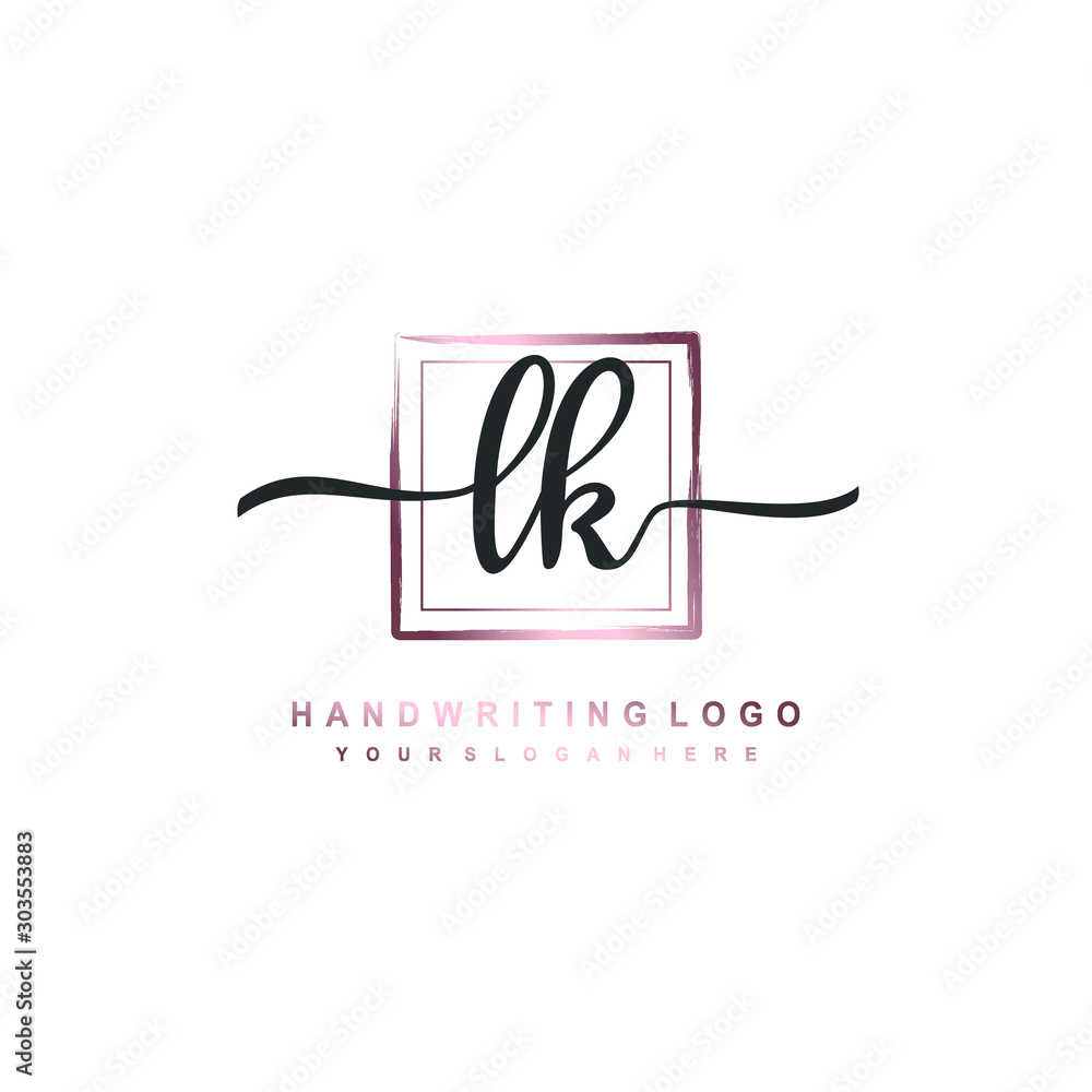 LK Initial handwriting logo design with brush box lines dark pink color ...