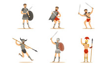 Gladiator The Armed Combatant Of Roman Empire Vector Illustration Set Isolated On White Background