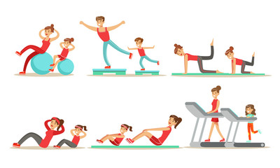 Wall Mural - Parents With Kids Doing Fitness Exercises Together Vector Illustration Set Isolated On White Background