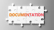 Documentation complex like a puzzle - pictured as word Documentation on a puzzle pieces to show that Documentation can be difficult and needs cooperating pieces that fit together, 3d illustration