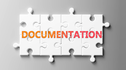 Poster - Documentation complex like a puzzle - pictured as word Documentation on a puzzle pieces to show that Documentation can be difficult and needs cooperating pieces that fit together, 3d illustration