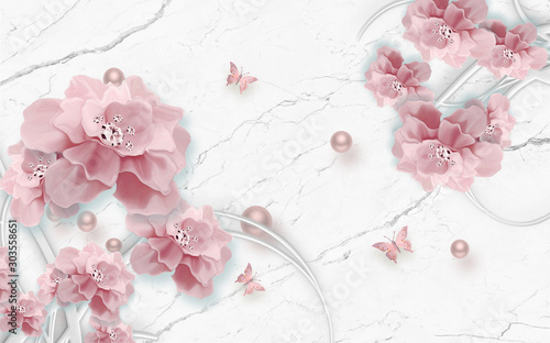 Naklejka - mata magnetyczna na lodówkę 3D wallpaper design with floras for photo mural background 