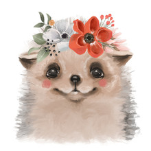 Cute Hand Drawn Hedgehog In Floral Wreath, Flowers Bouquet, Woodland Watercolor Animal Portrait