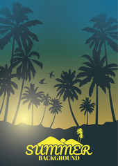 Sticker - landscape with coconut palm trees at sunset background ,Silhouette vector background.