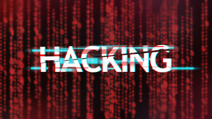 Aufkleber - Inscription hacking in glitch style over red binary code stream