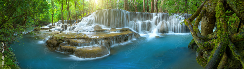 Panoramic beautiful deep forest waterfall in Thailand - obrazy, fototapety, plakaty 