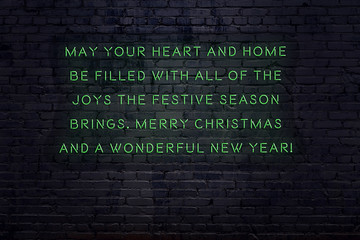 Wall Mural - Neon inscription of christmas and new year greetings on brick wall