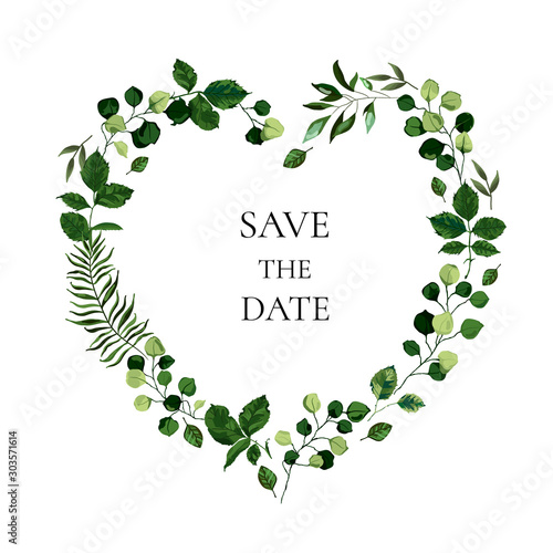 Cuadros en Lienzo Wedding floral invite card save the date design with botanic green leaf herbs heart shape wreath