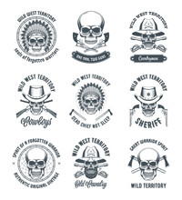 Vintage Wild West Concepts With Skulls. Monochrome Realistic Vector Illustrations