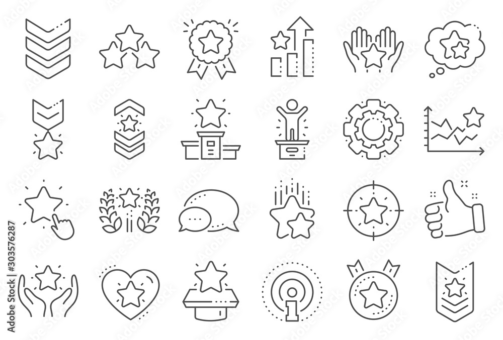Ranking line icons. First place, star rating and winner medal. Shoulder strap, army achievement and victory ribbon icons. Star ranking, champion and winner trophy. Best level. Line signs set. Vector - obrazy, fototapety, plakaty 