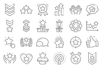 Wall Mural - Ranking line icons. First place, star rating and winner medal. Shoulder strap, army achievement and victory ribbon icons. Star ranking, champion and winner trophy. Best level. Line signs set. Vector