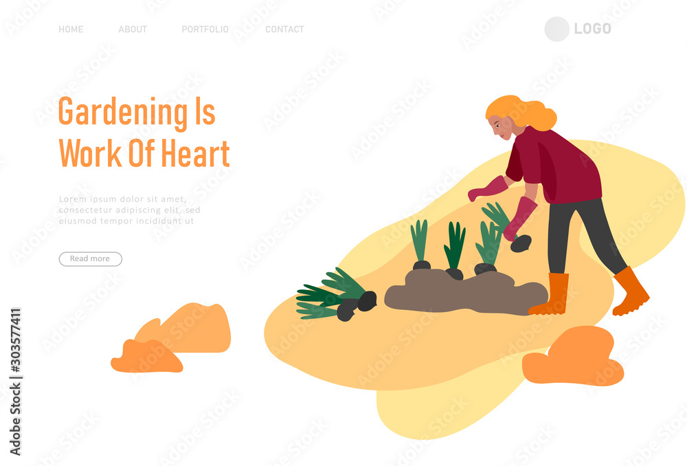 Landing page template with People gathering crops or seasonal harvest, collecting ripe vegetables. Men, women work on a farm. Agricultural workers in autumn. Cartoon vector - obrazy, fototapety, plakaty 
