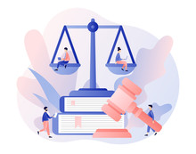 Law And Justice Concept. Justice Scales, Judge And Judge Gavel. Tiny People In The Supreme Court. Modern Flat Cartoon Style. Vector Illustration