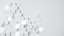 White Geometric Hexagonal Abstract Background. Surface Polygon Pattern With Glowing Hexagons, Hexagonal Honeycomb. Abstract White Self-luminous Hexagons. Futuristic Abstract Background 3D Illustration