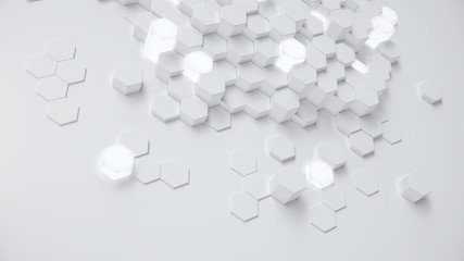 Wall Mural - White geometric hexagonal abstract background. Surface polygon pattern with glowing hexagons, hexagonal honeycomb. Abstract white self-luminous hexagons. Futuristic abstract background 3D Illustration