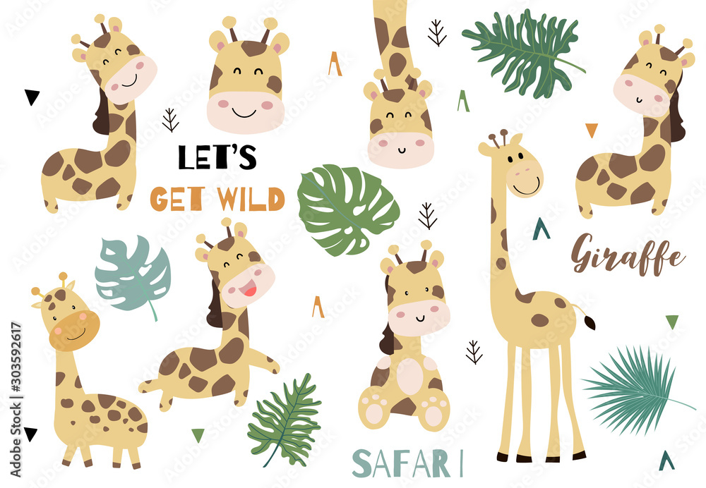 Cute animal object collection with giraffe and leaves.Vector illustration for icon,logo,sticker,printable.Include wording let's get wild - obrazy, fototapety, plakaty 