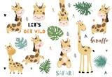 Fototapeta  - Cute animal object collection with giraffe and leaves.Vector illustration for icon,logo,sticker,printable.Include wording let's get wild