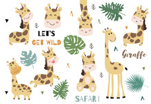Cute Animal Object Collection With Giraffe And Leaves.Vector Illustration For Icon,logo,sticker,printable.Include Wording Let's Get Wild