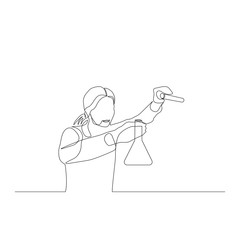 Wall Mural - Continuous one line woman chemist mixes solutions in flasks. Vector stock illustration.