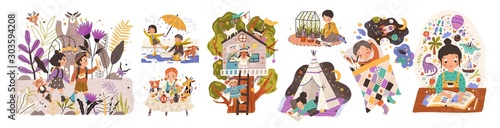 World of childhood flat vector illustrations set Poster Mural XXL