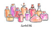 Vector watercolor illustration Essential oils. Beautiful hand drawn glass bottles in horizontal composition. Black ink outline and  vibrant texture with splashes and drips.