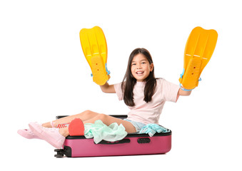 Sticker - Cute girl with suitcase and flippers on white background