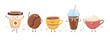 Set of cute coffee characters in trendy kawaii style. Take away cups, mugs and bean with hot beverage. Happy cartoon drinks with doodle stars and hearts. Banner, card, poster design.