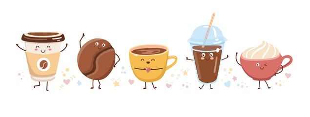 set of cute coffee characters in trendy kawaii style. take away cups, mugs and bean with hot beverag