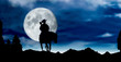 there is Cowboy with horses in mountains night sky with moon.