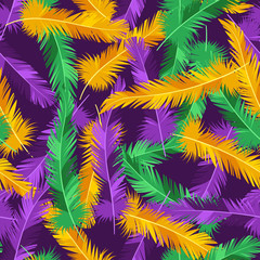 Wall Mural - Seamless pattern with feathers in Mardi Gras colors.