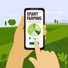 Wall Mural - Illustration of  smart farming with smartphone in hands. Innovation technology in agriculture. Analysis data, chart and graph on device. Landscape agricultural fields. Template for banner, flyer, ad