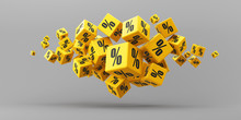 Flying Yellow Percentage Cubes On A Gray Background. 3d Render Illustration. Black Friday.