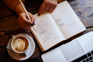 Wall Mural - woman sketching web design in her diary, top view
