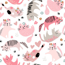 Seamless Childish Pattern With Cute Girl Cats . Creative Kids Hand Drawn Texture For Fabric, Wrapping, Textile, Wallpaper, Apparel. Vector Illustration
